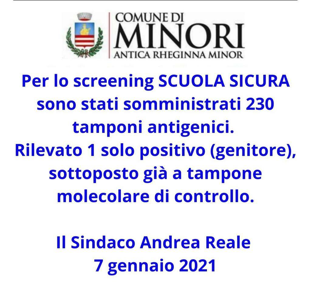 Minori, "Screening Scuola Sicura" un solo positivo al test antigenico