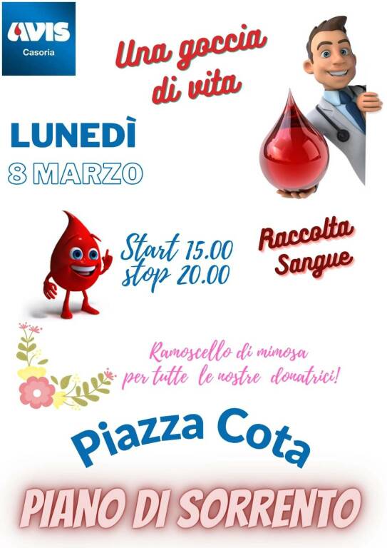 Piano di Sorrento, l'Avis lunedì 8 marzo in Piazza Cota per le donazioni di sangue 