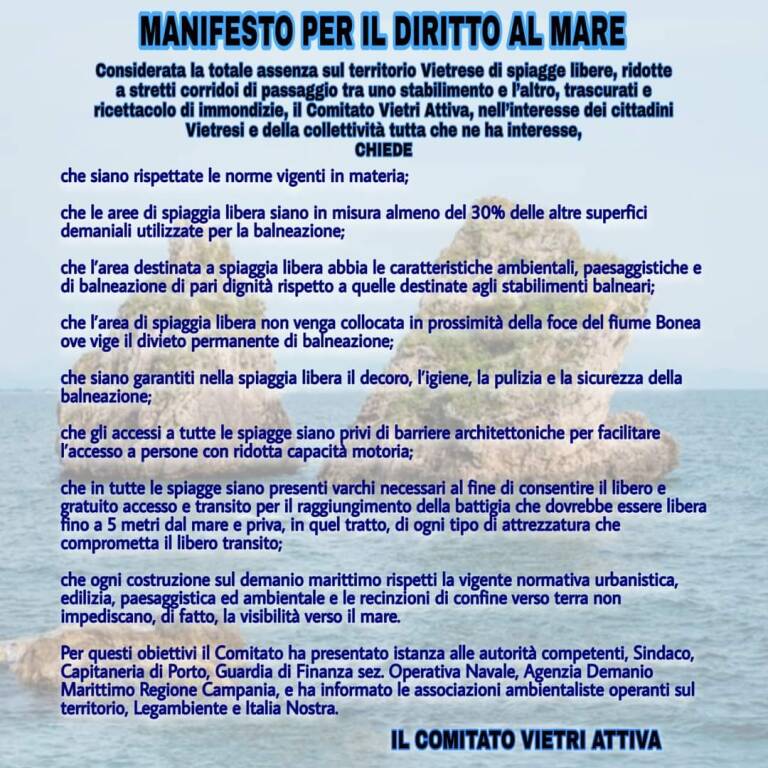 "Assenza di spiagge libere": il manifesto di Vietri attiva per il diritto al mare