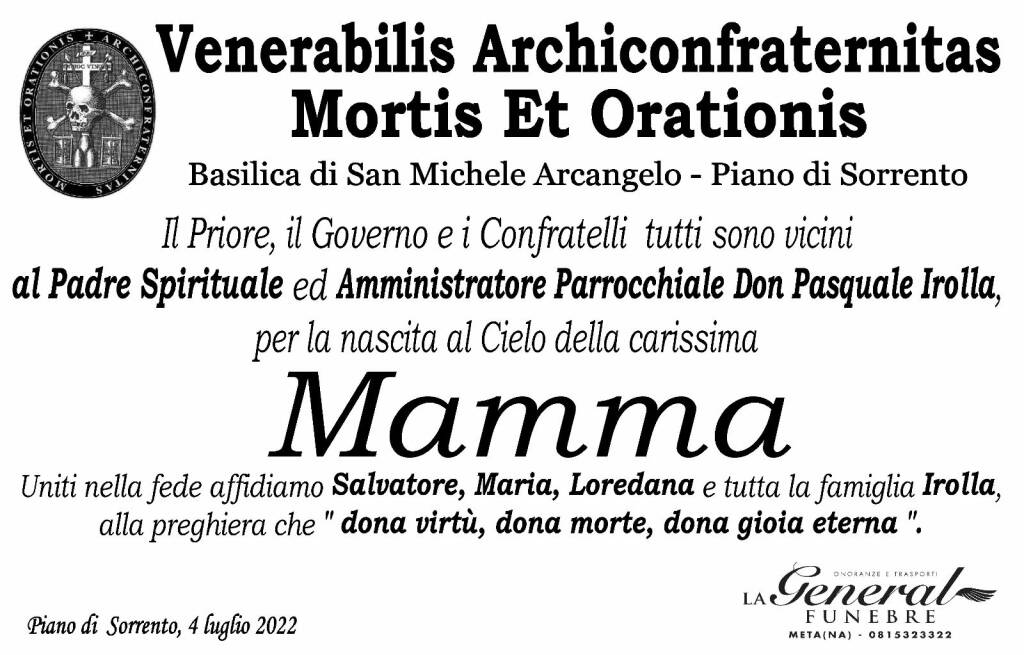 Piano di Sorrento, le Confraternite vicine al dolore di Don Pasquale Irolla per la scomparsa della mamma Giannina