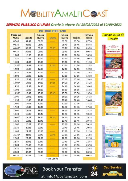 Positano, gli orari della Mobility Amalfi Coast in vigore dal 13 al 30 settembre 2022