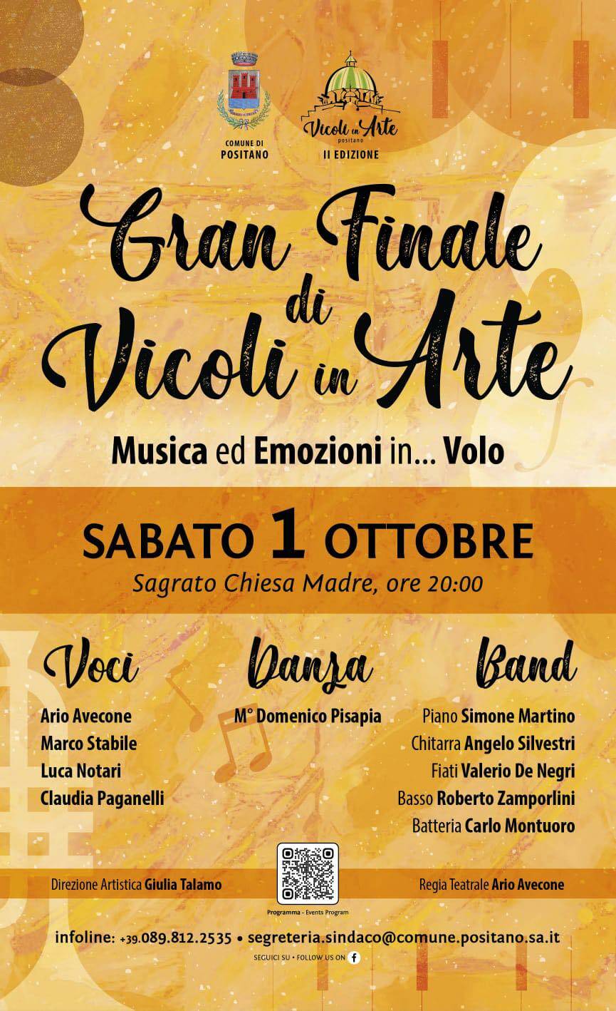 Positano, sabato 1 ottobre si chiude la rassegna "Vicoli in Arte" con "Musica ed Emozioni in... Volo"