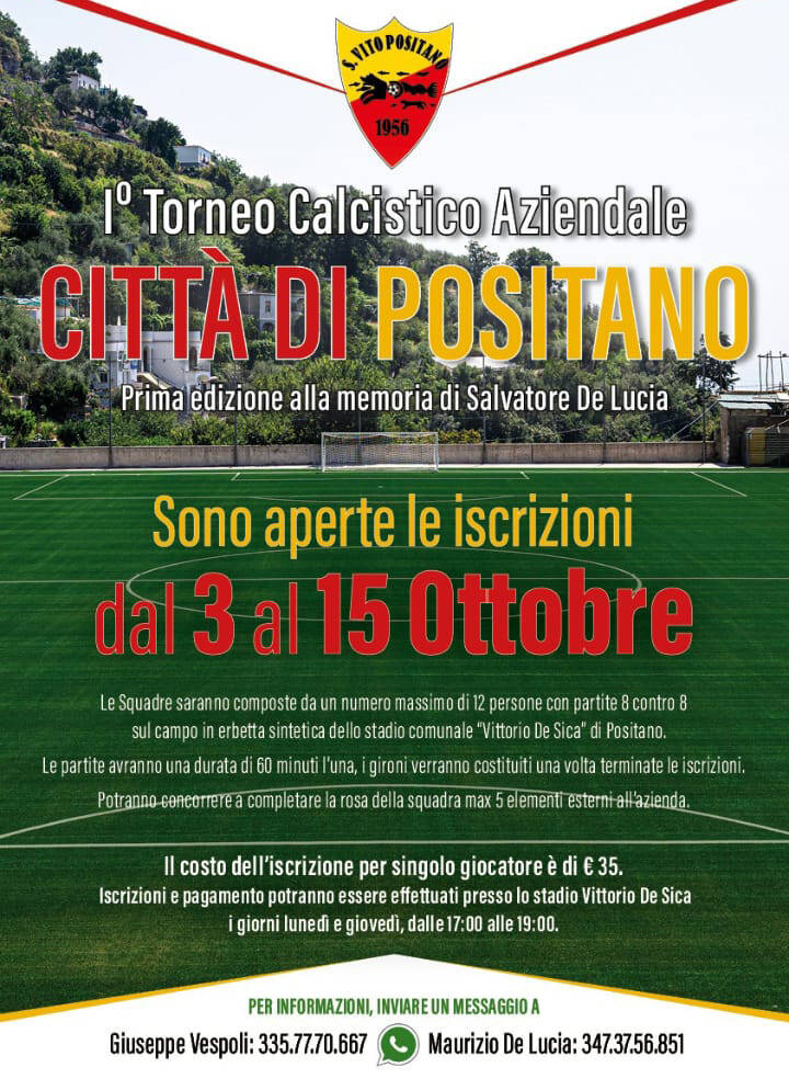 Aperte le iscrizioni al 1° Torneo Calcistico Aziendale "Città di Positano" in memoria di Salvatore De Lucia