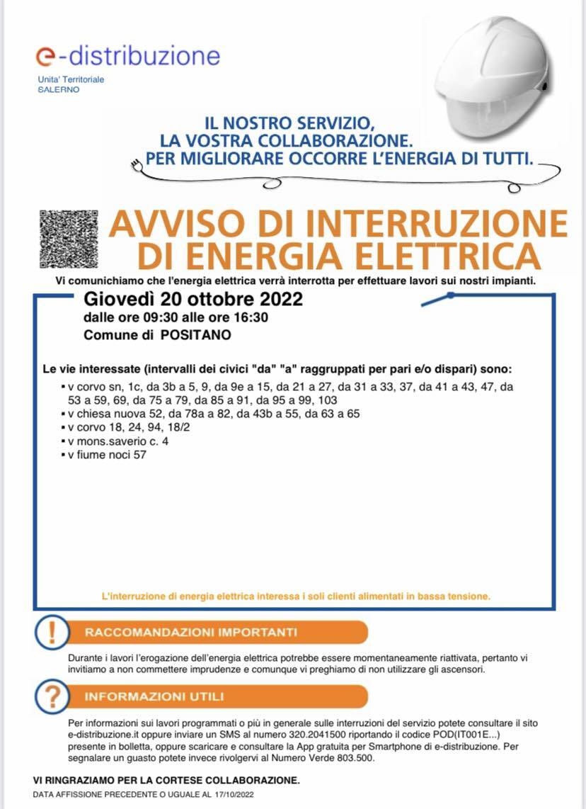 Positano, giovedì 20 ottobre giornata senza corrente elettrica: ecco le zone interessate