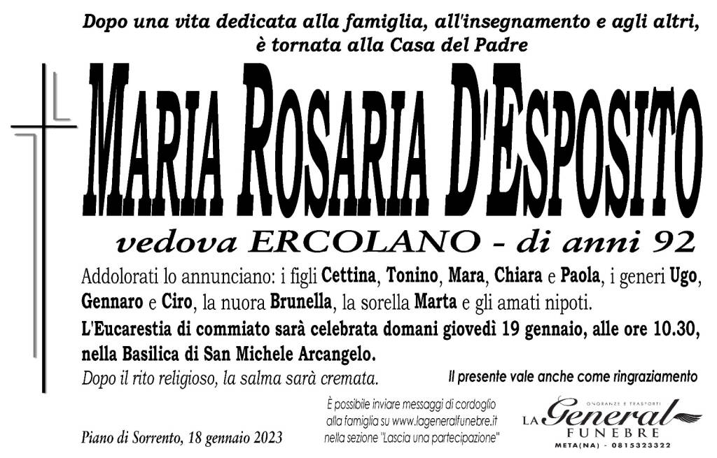 Cordoglio a Piano di Sorrento: è venuta a mancare Maria Rosaria D'Esposito, vedova Ercolano, di 92 anni