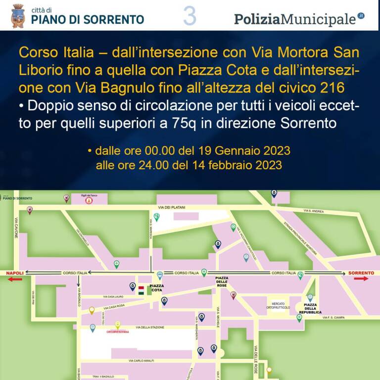 Da lunedì 16 gennaio lavori Piano di Sorrento, ecco la mappa per districarsi nel nuovo piano traffico