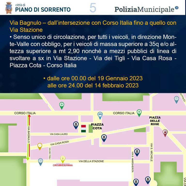 Da lunedì 16 gennaio lavori Piano di Sorrento, ecco la mappa per districarsi nel nuovo piano traffico