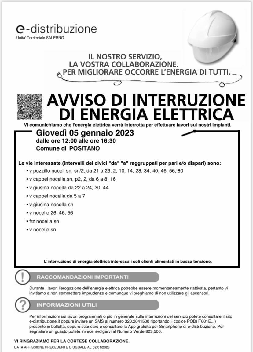 Positano, giovedì 5 gennaio interruzione dell'energia elettrica: ecco le zone interessate