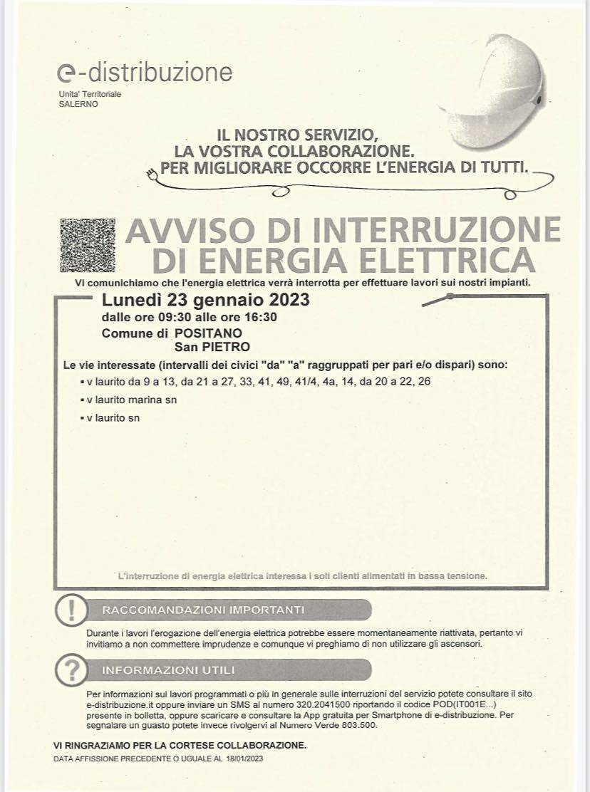 Positano, lunedì 23 gennaio interruzione dell’energia elettrica. Ecco le zone interessate