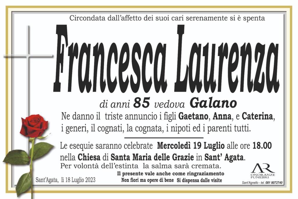 Sant'Agata piange la scomparsa dell'85enne Francesca Laurenza, vedova Galano