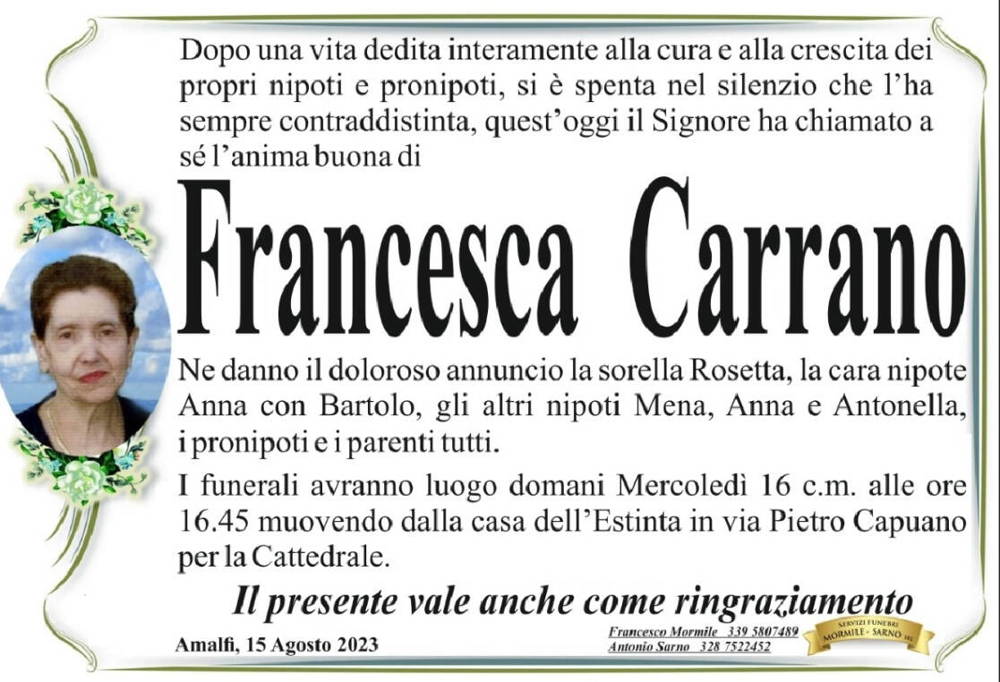 Cordoglio ad Amalfi per la scomparsa di Francesca Carrano