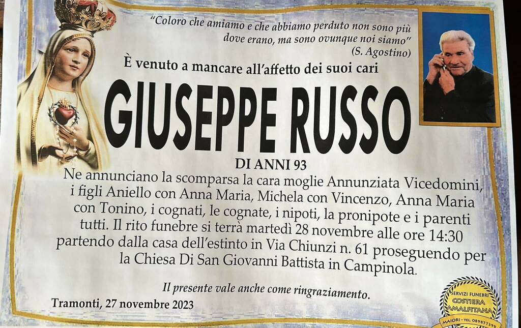 Cordoglio a Tramonti per la scomparsa di Giuseppe Russo