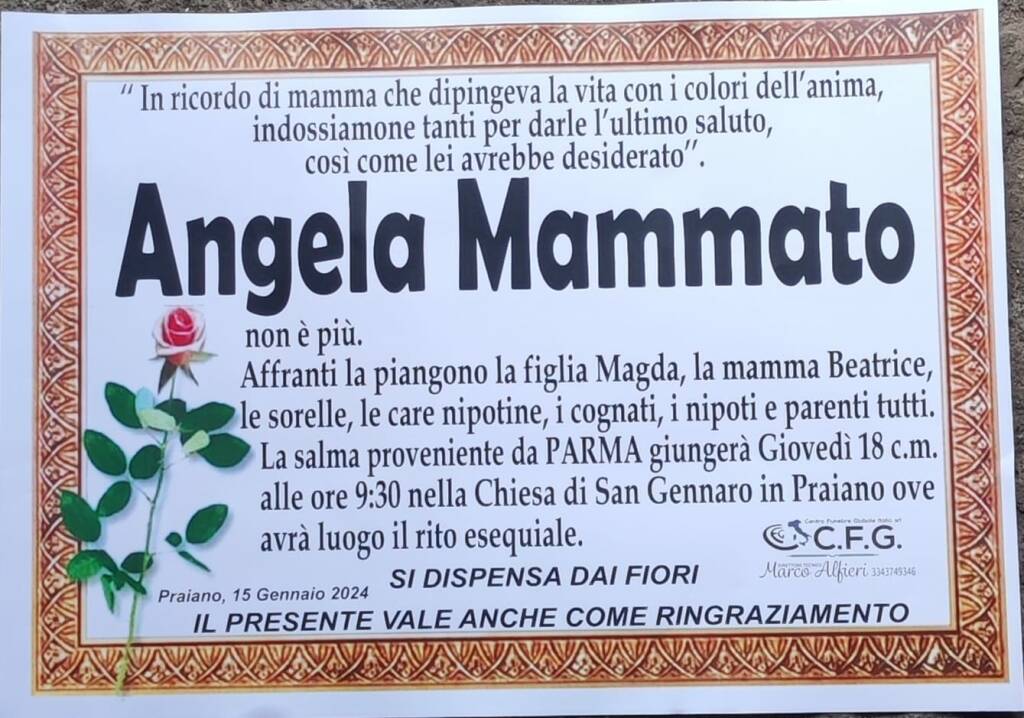 Praiano, giovedì 18 gennaio l'ultimo saluto ad Angela Mammato