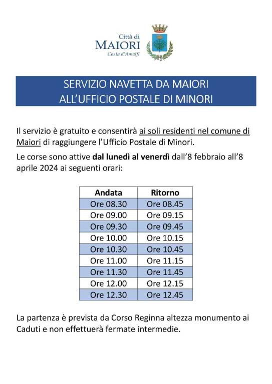 orario navetta per ufficio postale da maiori a minori