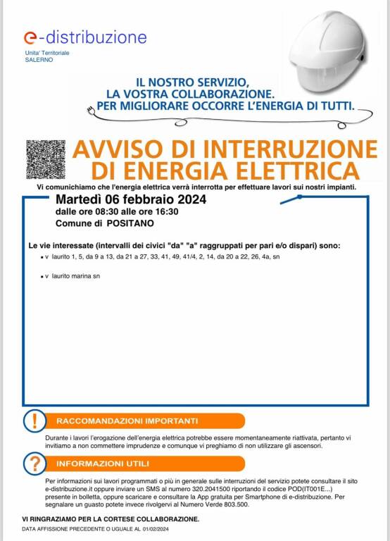 Positano, martedì 6 febbraio interruzione dell’energia elettrica. Ecco le zone interessate