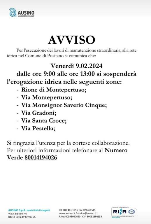 Positano venerdì mattina la zona alta senza acqua