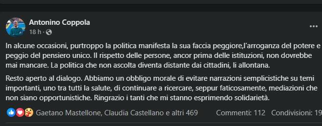 post di Antonino Coppola dopo incontro con De Luca