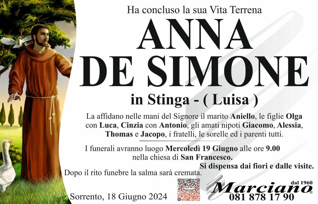 Cordoglio a Sorrento per la scomparsa di Anna De Simone in Stinga (Luisa)