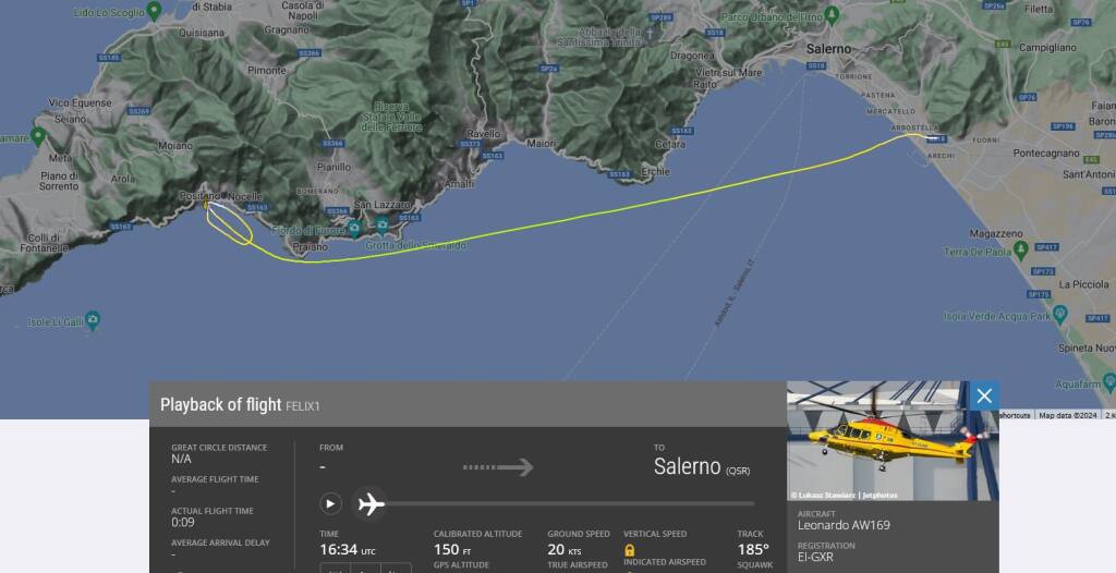 Percorso elicottero da Positano a Salerno