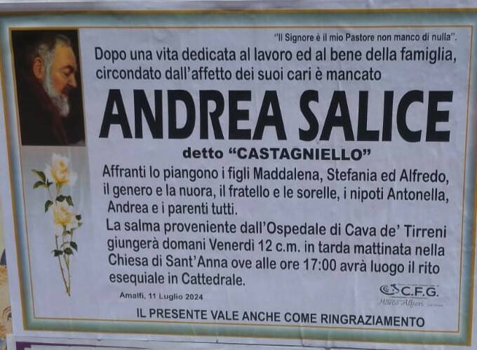 Amalfi necrologio Andrea Salice castagniello
