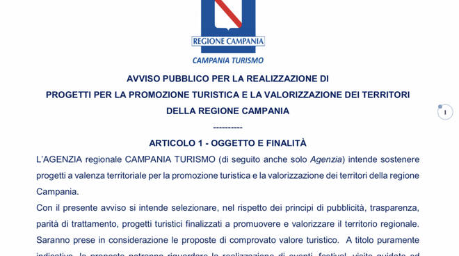 Avviso pubblico per la realizzazione di progetti per la promozione turistica e la valorizzazione dei territori della Regione Campania