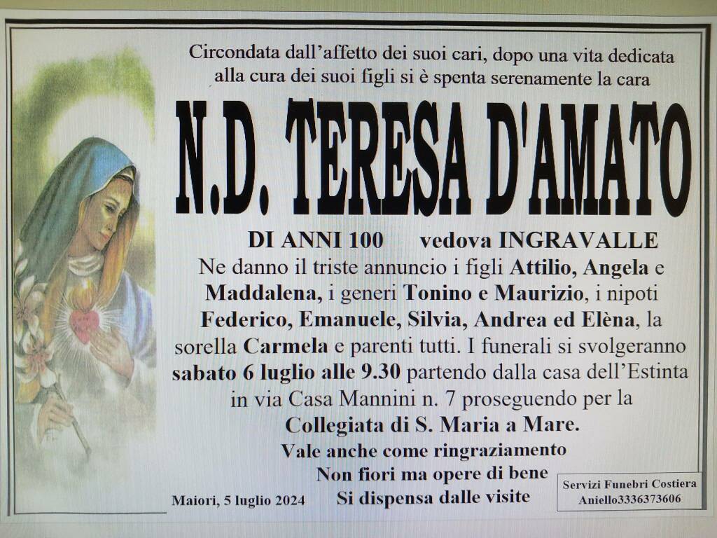 Cordoglio a Maiori per la scomparsa della N.D. Teresa D'Amato, vedova Ingravalle