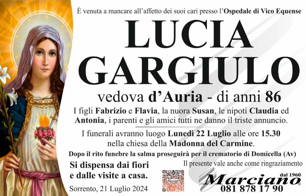 Cordoglio a Sorrento per la scomparsa di Lucia Gargiulo, vedova d'Auria