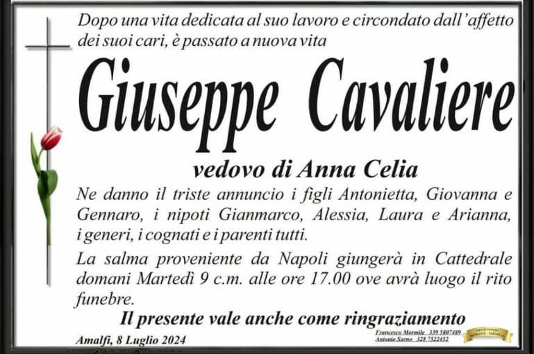 Cordoglio ad Amalfi per la scomparsa di Giuseppe Cavaliere, vedovo di Anna Celia