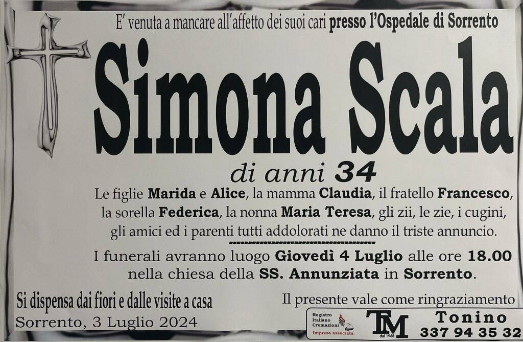 Sorrento piange la scomparsa della 34enne Simona Scala