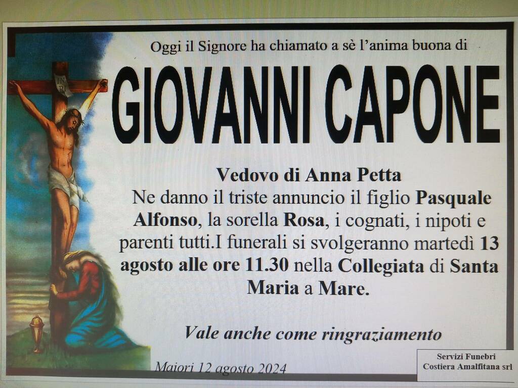 Dolore a Maiori per la scomparsa di Giovanni Capone, vedovo di Anna Petta