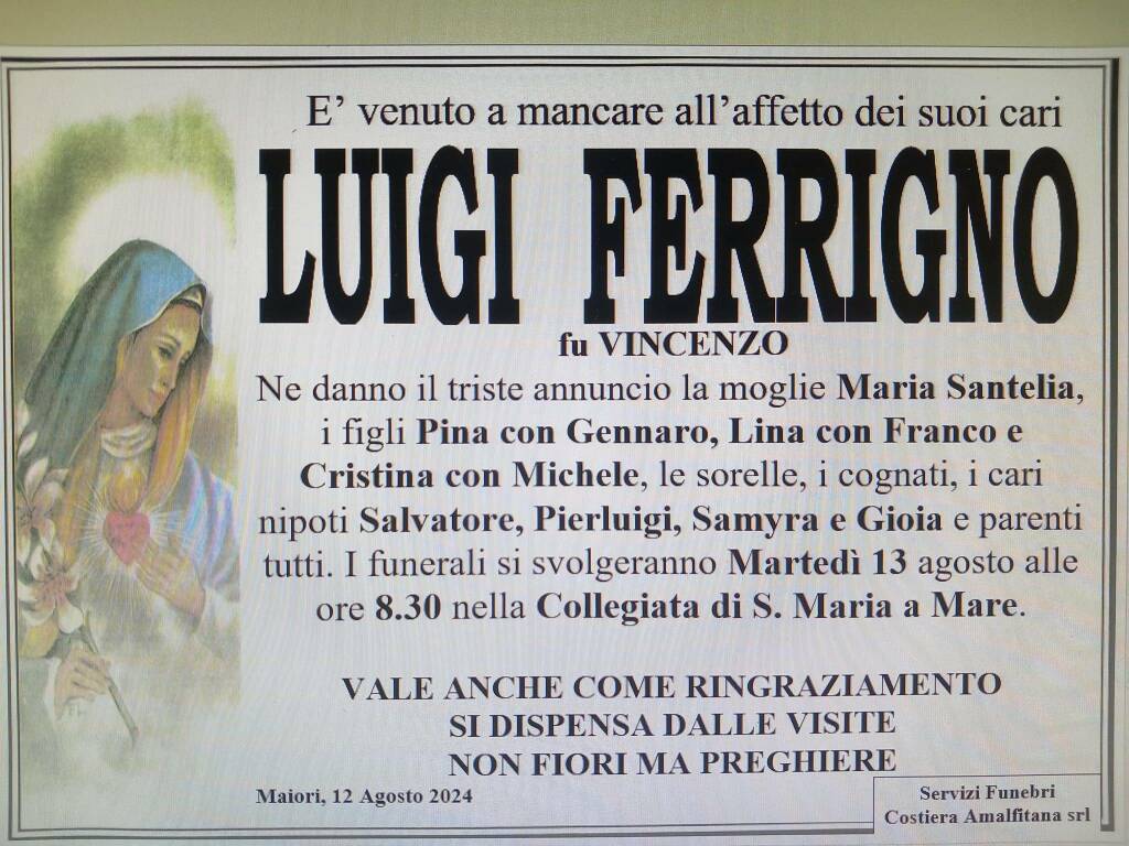 Maiori in lutto per la scomparsa di Luigi Ferrigno fu Vincenzo