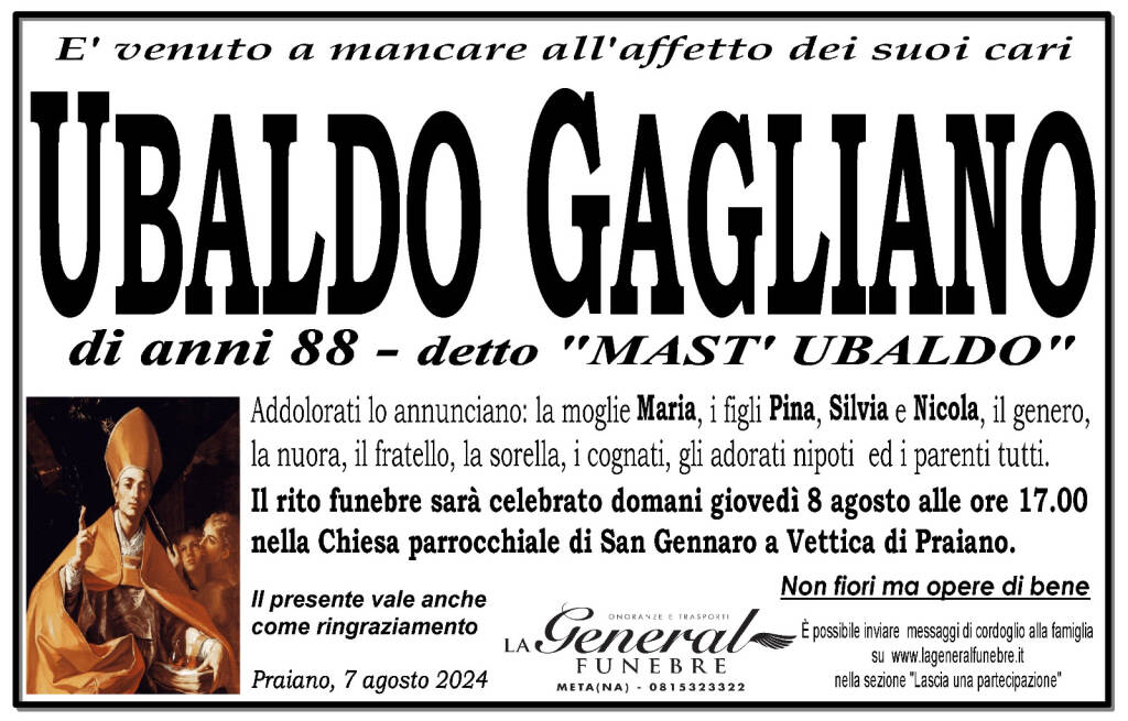 Praiano piange la scomparsa di Ubaldo Gagliano