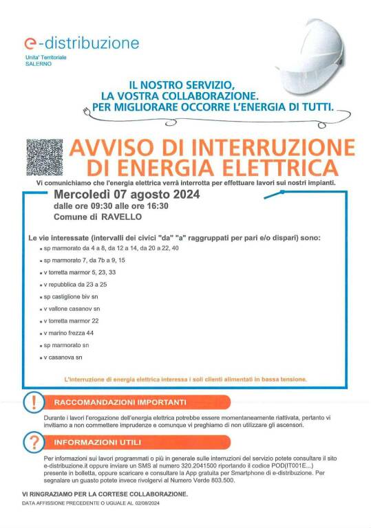 Ravello, domani interruzione dell’energia elettrica. Ecco le zone interessate