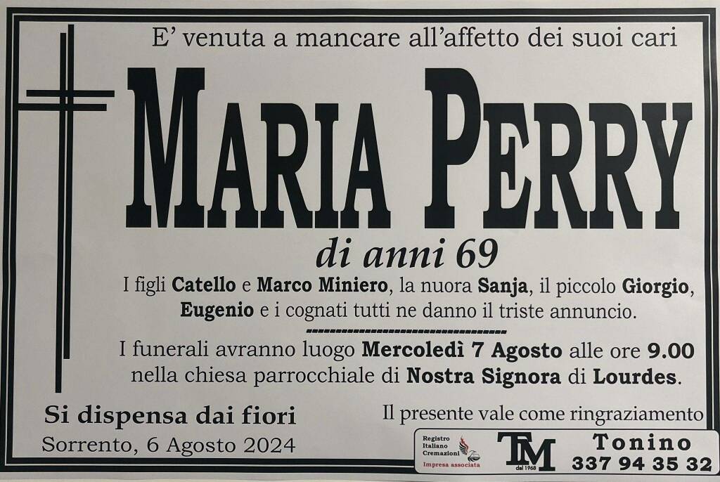 Sorrento porge l'estremo saluto alla 69enne Maria Perry