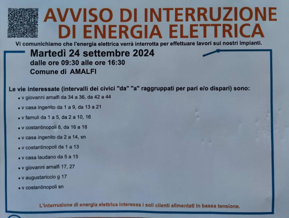 amalfi interruzione energia elettrica 24 settembre 2024