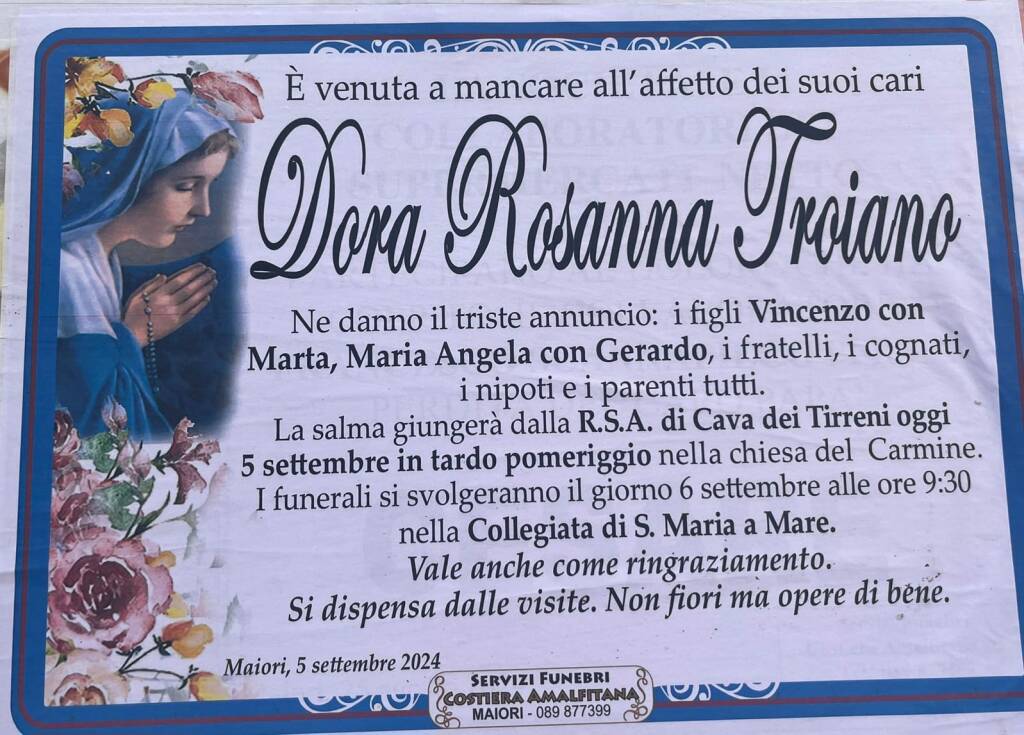 Cordoglio a Maiori per la scomparsa di Dora Rosanna Troiano