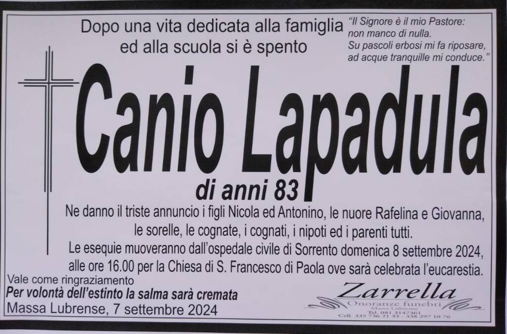 Cordoglio a Massa Lbrense per la scomparsa di Canio Lapadula