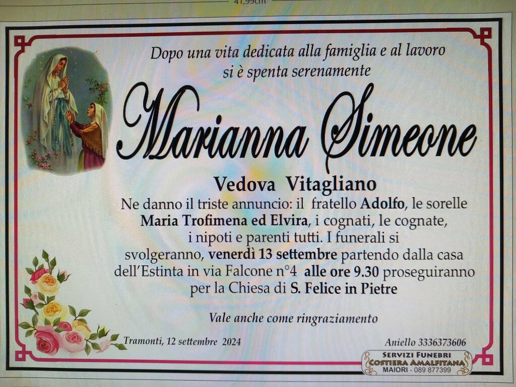 Tramonti porge l'estremo saluto a Marianna Simeone, vedova Vitagliano