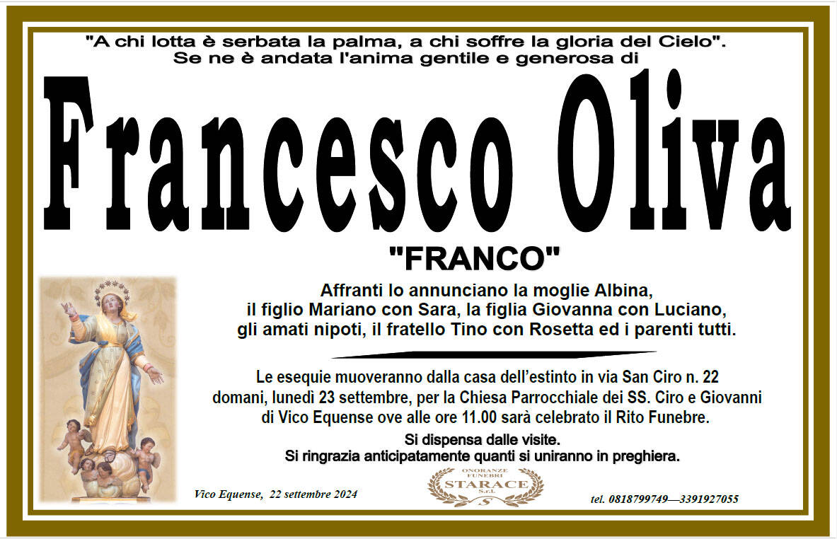 Vico Equense porge l'estremo saluto a Francesco Oliva ("Franco")